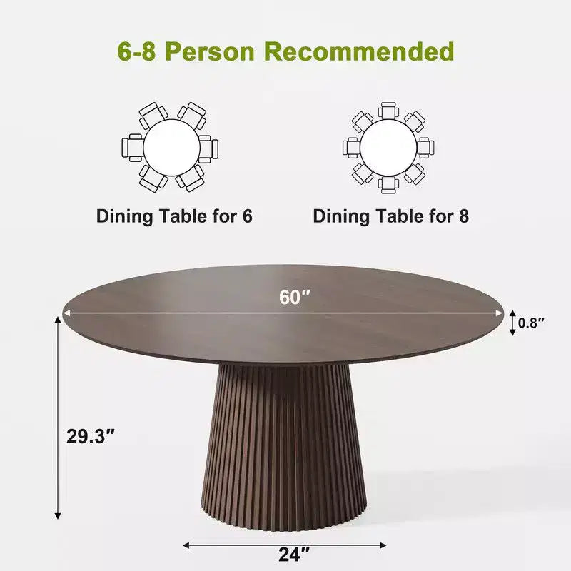 60" Round Dining Table for 6, Fluted Cone Pedestal Base & Wood MDF Top, Walnut