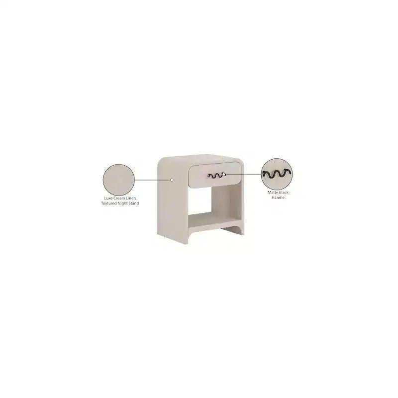 Cream Linen Side Table with Matte Black Handle, Contemporary Nightstand for Bedroom