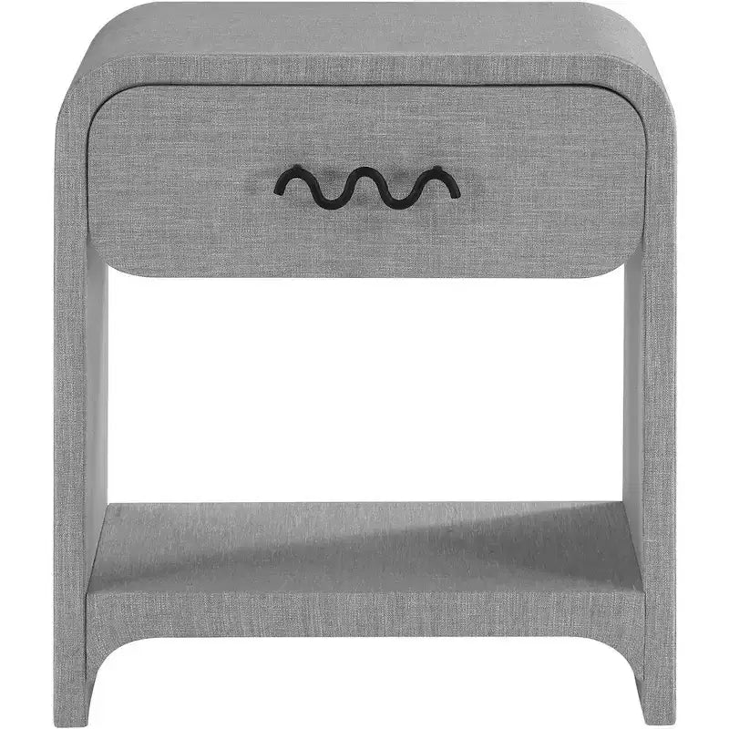 Cream Linen Side Table with Matte Black Handle, Contemporary Nightstand for Bedroom