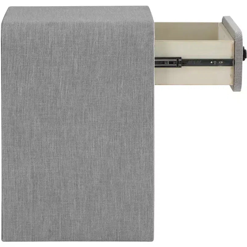Cream Linen Side Table with Matte Black Handle, Contemporary Nightstand for Bedroom