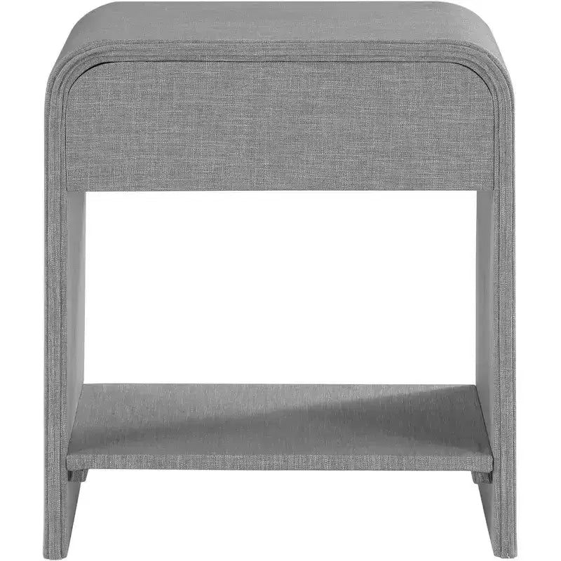 Cream Linen Side Table with Matte Black Handle, Contemporary Nightstand for Bedroom
