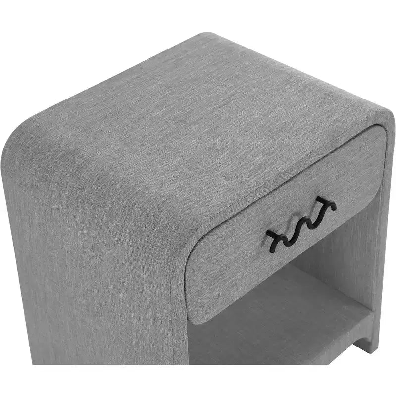 Cream Linen Side Table with Matte Black Handle, Contemporary Nightstand for Bedroom