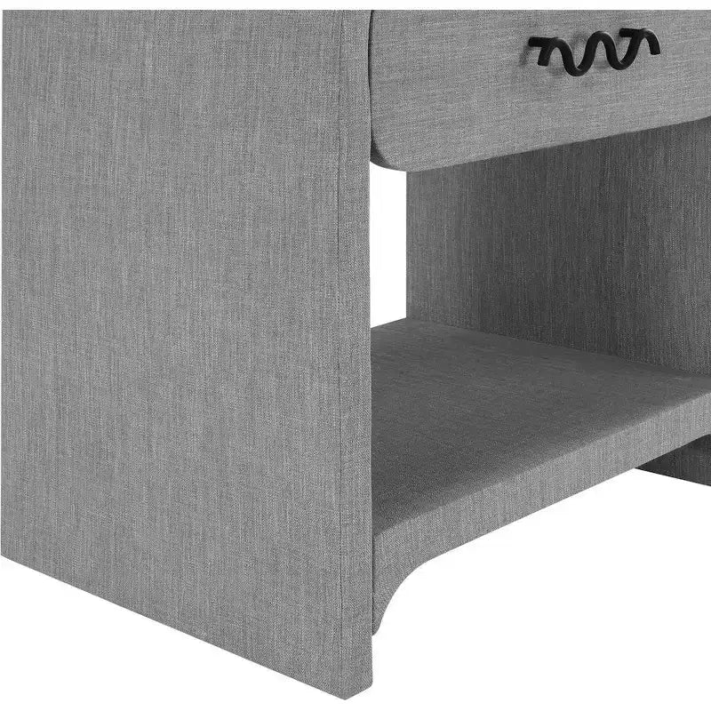 Cream Linen Side Table with Matte Black Handle, Contemporary Nightstand for Bedroom