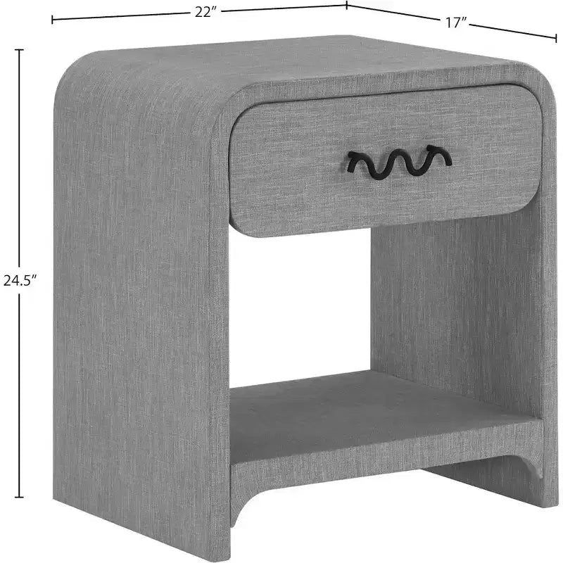 Cream Linen Side Table with Matte Black Handle, Contemporary Nightstand for Bedroom