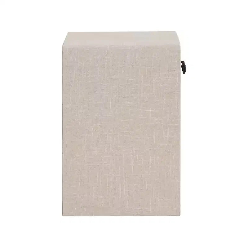 Cream Linen Side Table with Matte Black Handle, Contemporary Nightstand for Bedroom