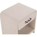 Cream Linen Side Table with Matte Black Handle, Contemporary Nightstand for Bedroom