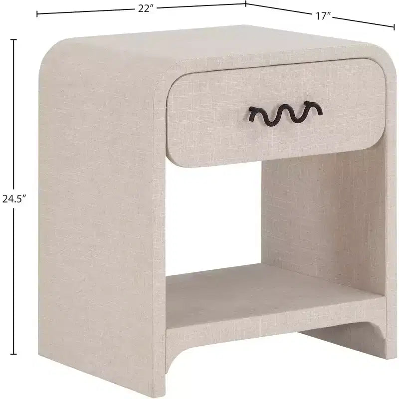 Cream Linen Side Table with Matte Black Handle, Contemporary Nightstand for Bedroom
