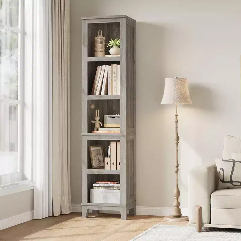 Schmales 5-stufiges Bücherregal Bauernhaus Bücherregale Holzregale rustikal Vintage Etagere Eiche für Home Office, Wohnzimmer, Schlafzimmer, Grau