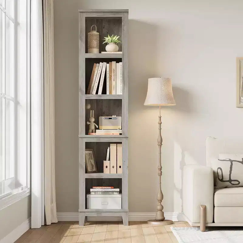 Schmales 5-stufiges Bücherregal Bauernhaus Bücherregale Holzregale rustikal Vintage Etagere Eiche für Home Office, Wohnzimmer, Schlafzimmer, Grau
