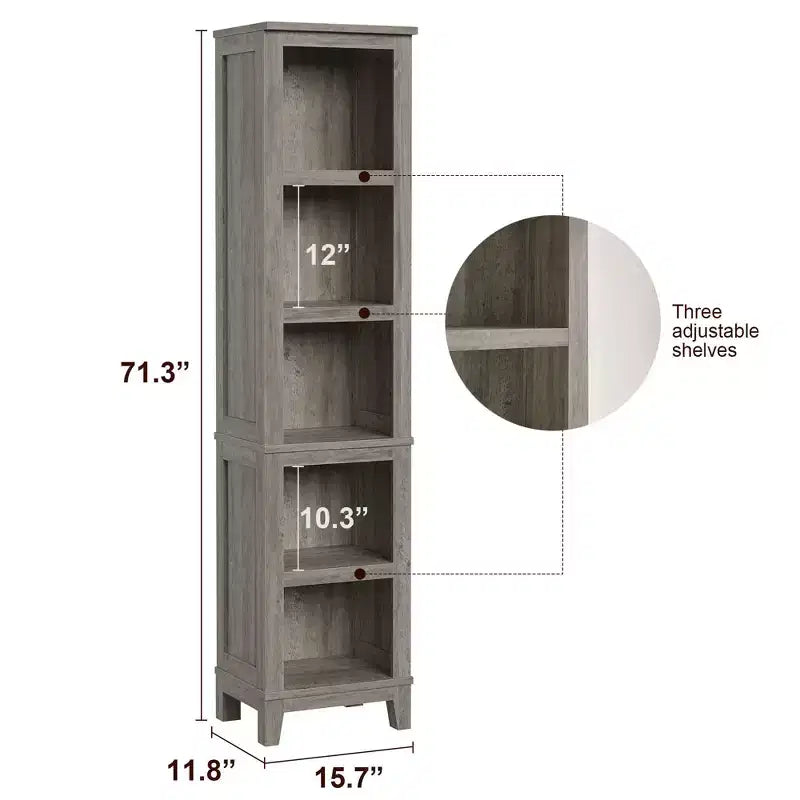 Schmales 5-stufiges Bücherregal Bauernhaus Bücherregale Holzregale rustikal Vintage Etagere Eiche für Home Office, Wohnzimmer, Schlafzimmer, Grau