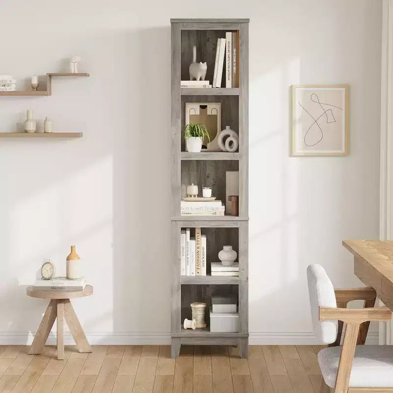 Schmales 5-stufiges Bücherregal Bauernhaus Bücherregale Holzregale rustikal Vintage Etagere Eiche für Home Office, Wohnzimmer, Schlafzimmer, Grau