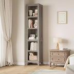 Schmales 5-stufiges Bücherregal Bauernhaus Bücherregale Holzregale rustikal Vintage Etagere Eiche für Home Office, Wohnzimmer, Schlafzimmer, Grau