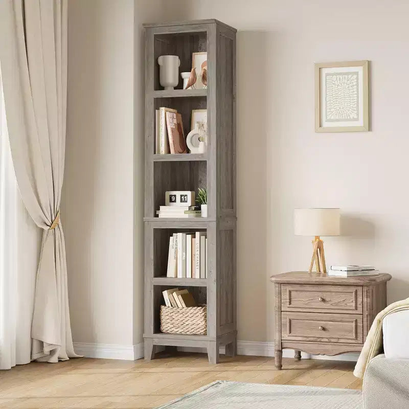 Schmales 5-stufiges Bücherregal Bauernhaus Bücherregale Holzregale rustikal Vintage Etagere Eiche für Home Office, Wohnzimmer, Schlafzimmer, Grau