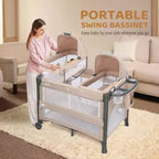 Twin Bedside Bassinet for Baby, Convertible to Playpen & Sleeper, Foldable with Wheels, Beige