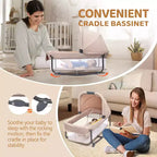 Twin Bedside Bassinet for Baby, Convertible to Playpen & Sleeper, Foldable with Wheels, Beige
