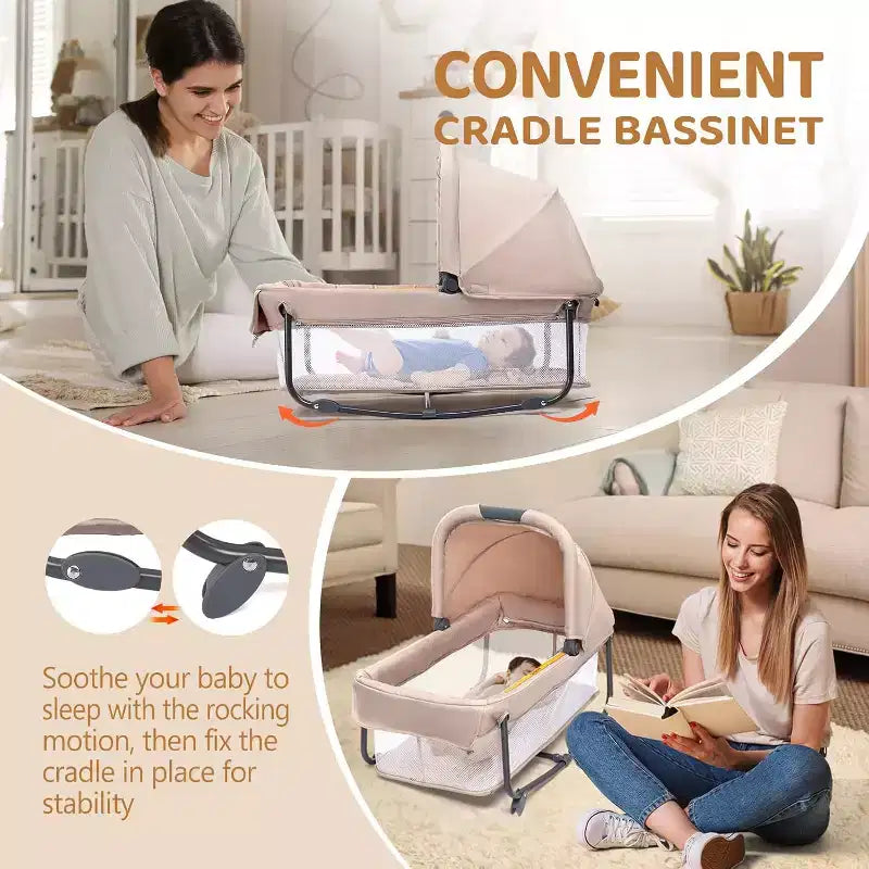 Zwillings-Babybettchen, umwandelbar zu Laufstall & Schlafplatz, faltbar mit Rollen, Beige