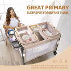 Twin Bedside Bassinet for Baby, Convertible to Playpen & Sleeper, Foldable with Wheels, Beige