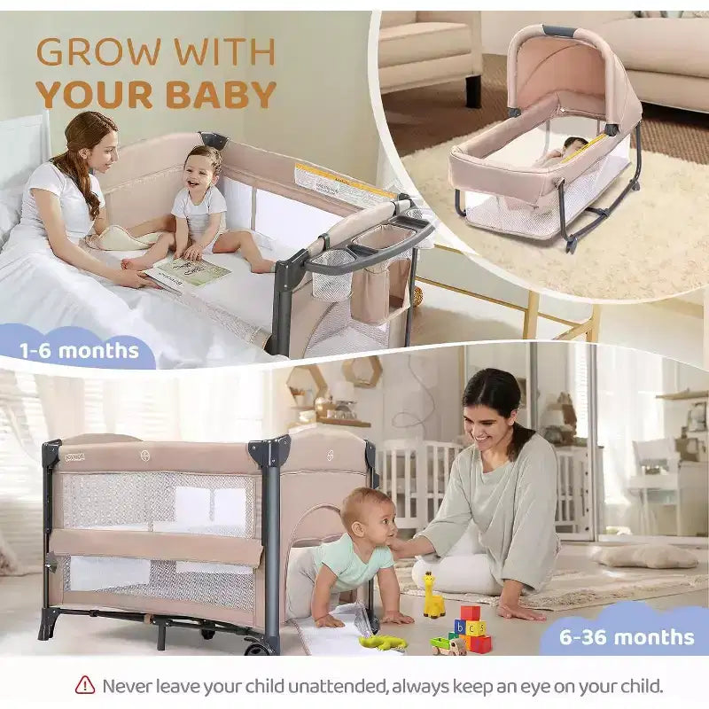 Twin Bedside Bassinet for Baby, Convertible to Playpen & Sleeper, Foldable with Wheels, Beige