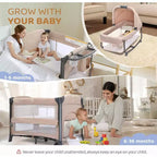 Twin Bedside Bassinet for Baby, Convertible to Playpen & Sleeper, Foldable with Wheels, Beige