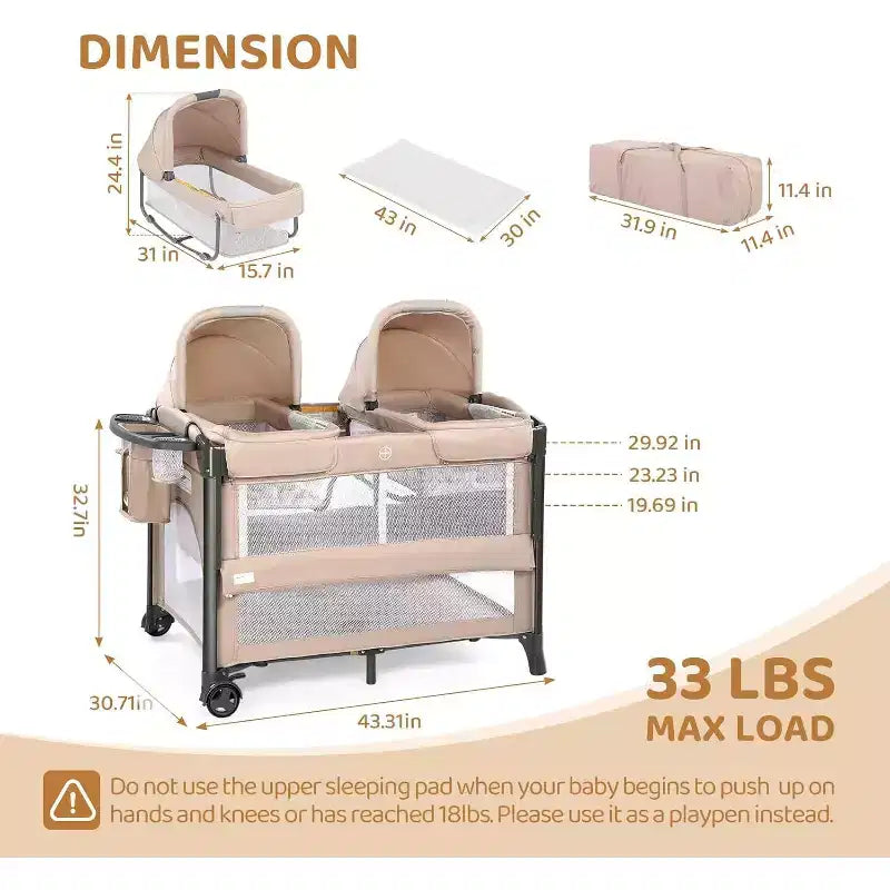 Twin Bedside Bassinet for Baby, Convertible to Playpen & Sleeper, Foldable with Wheels, Beige