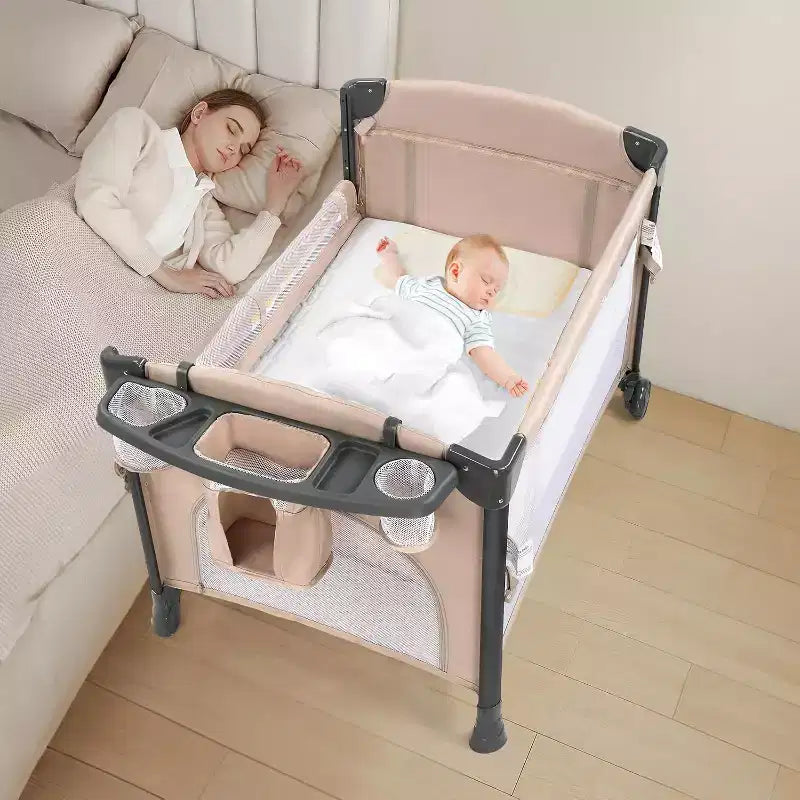 Twin Bedside Bassinet for Baby, Convertible to Playpen & Sleeper, Foldable with Wheels, Beige