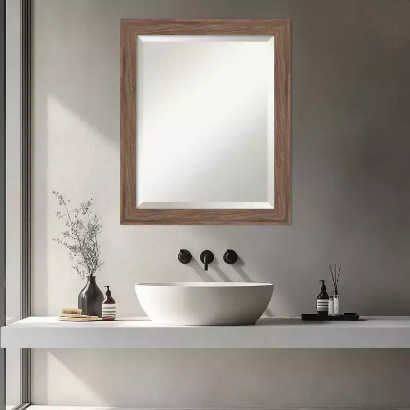 Narrow Beveled Framed Bathroom Vanity Wall Mirror, Medium Brown, Rectangle