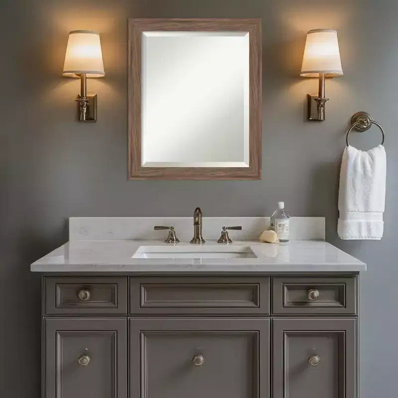 Narrow Beveled Framed Bathroom Vanity Wall Mirror, Medium Brown, Rectangle