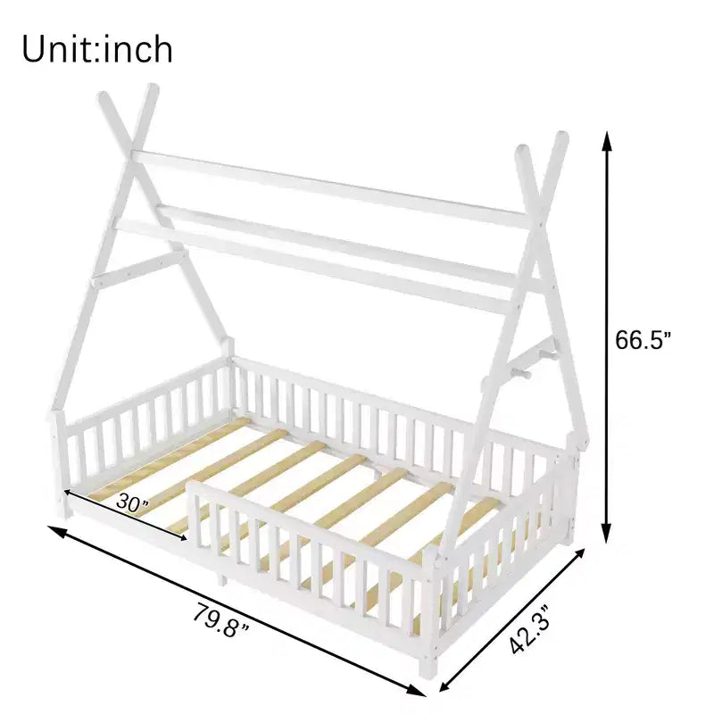 Twin/Full Hausdach Bodenbettgestell mit Zaun & dekorativen Lichtern für Kinderzimmer