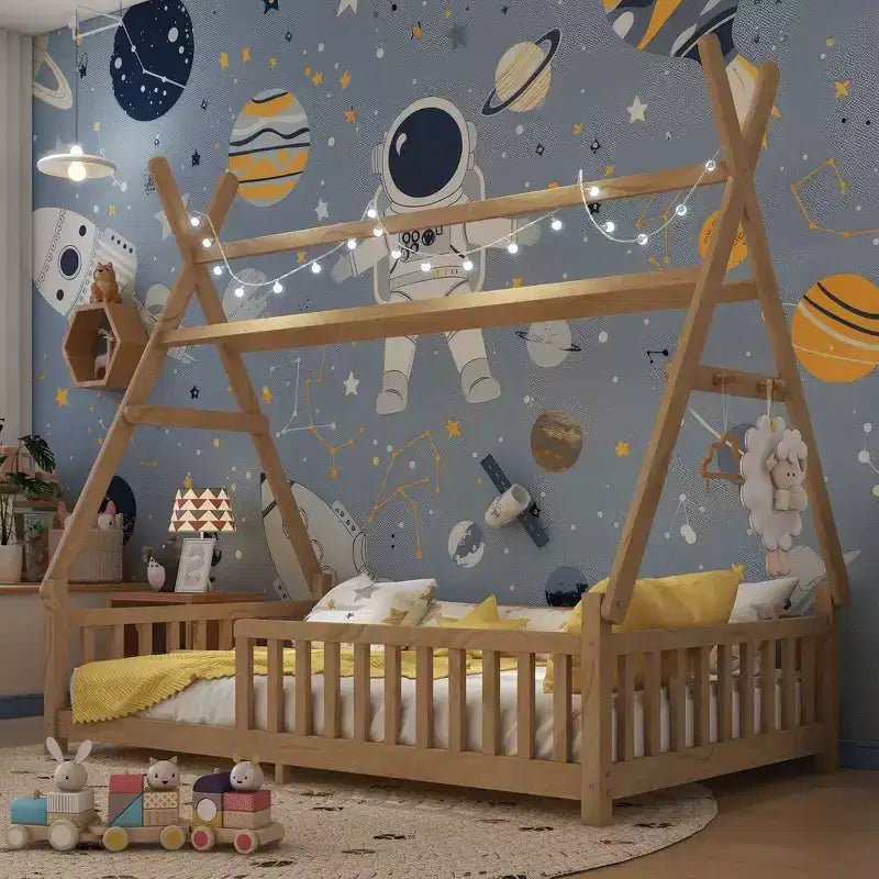 Twin/Full House Roof Floor Bed Frame with Fence & Decorative Lights for Kids Bedroom