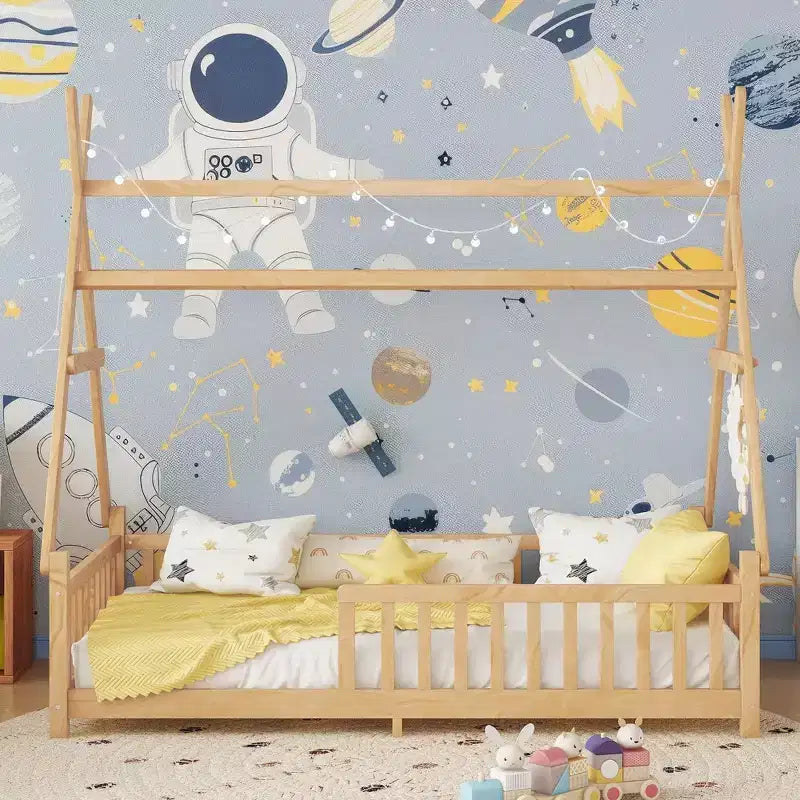 Twin/Full House Roof Floor Bed Frame with Fence & Decorative Lights for Kids Bedroom