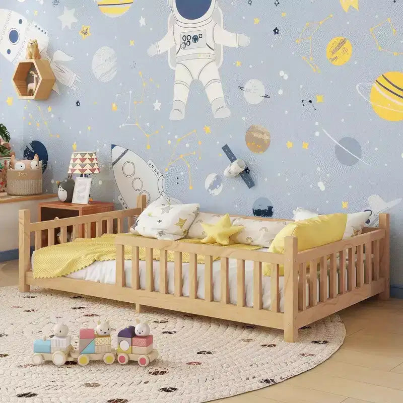 Twin/Full Hausdach Bodenbettgestell mit Zaun & dekorativen Lichtern für Kinderzimmer