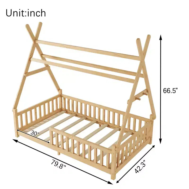 Twin/Full House Roof Floor Bed Frame with Fence & Decorative Lights for Kids Bedroom