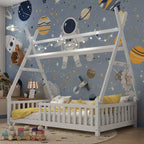 Twin/Full Hausdach Bodenbettgestell mit Zaun & dekorativen Lichtern für Kinderzimmer