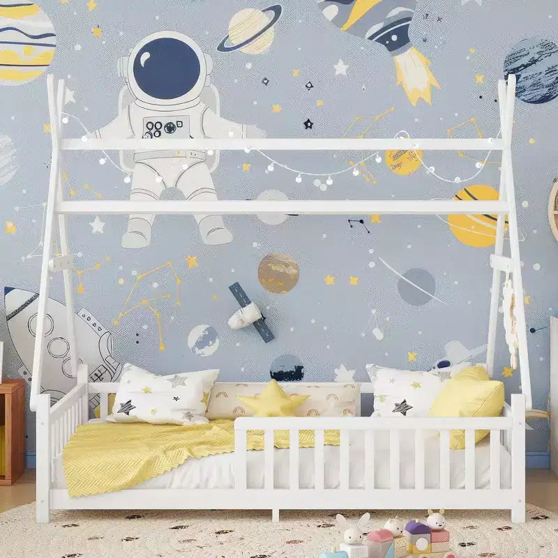 Twin/Full Hausdach Bodenbettgestell mit Zaun & dekorativen Lichtern für Kinderzimmer