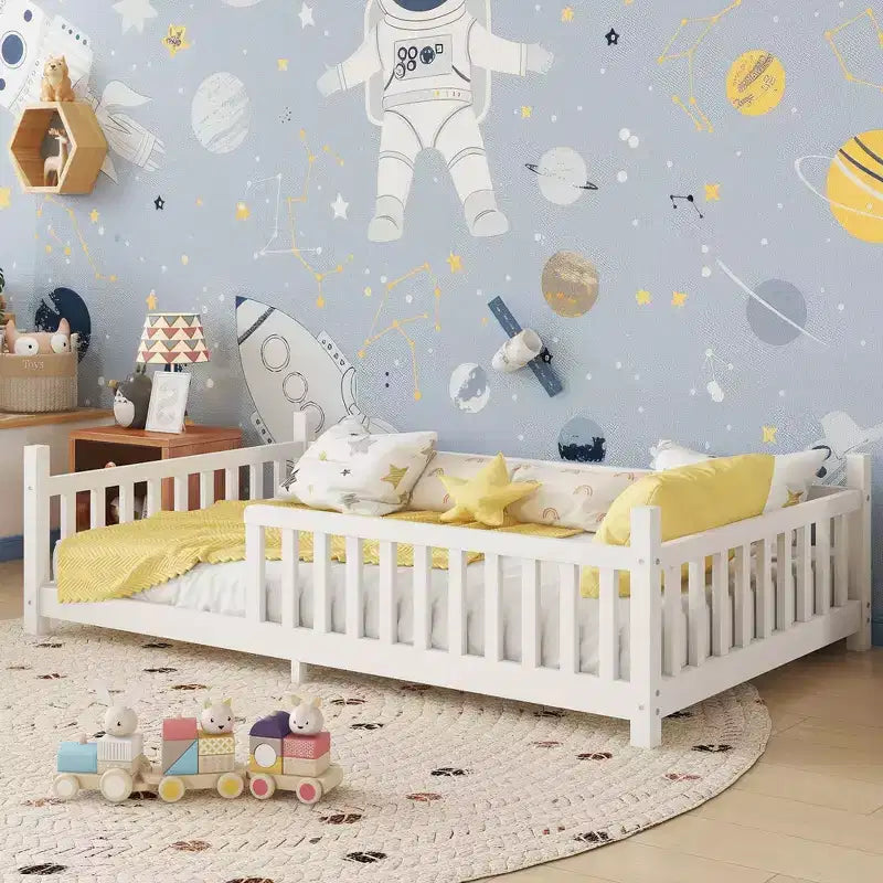Twin/Full Hausdach Bodenbettgestell mit Zaun & dekorativen Lichtern für Kinderzimmer