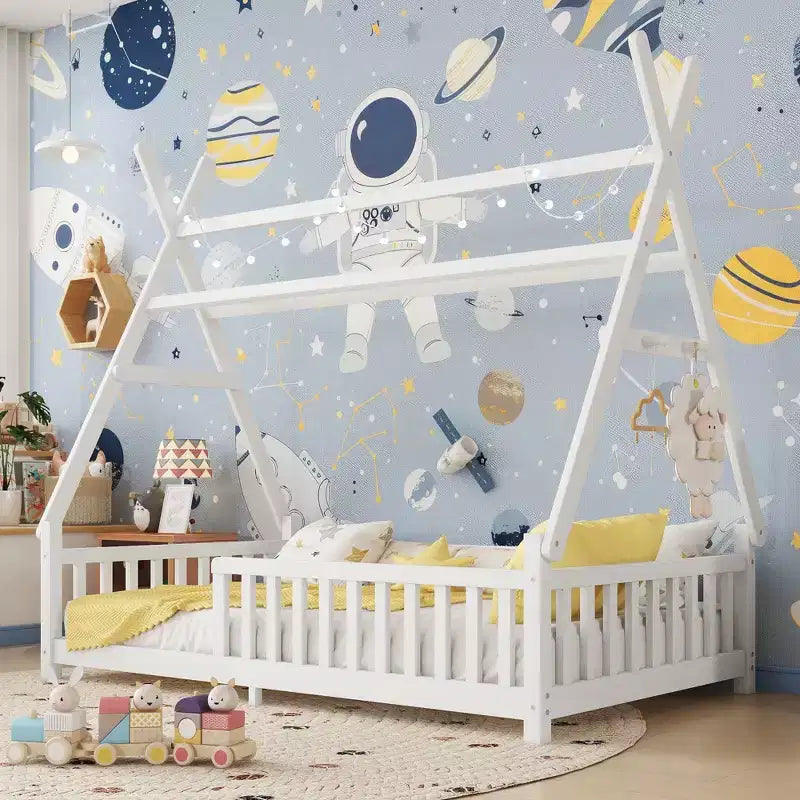Twin/Full House Roof Floor Bed Frame with Fence & Decorative Lights for Kids Bedroom