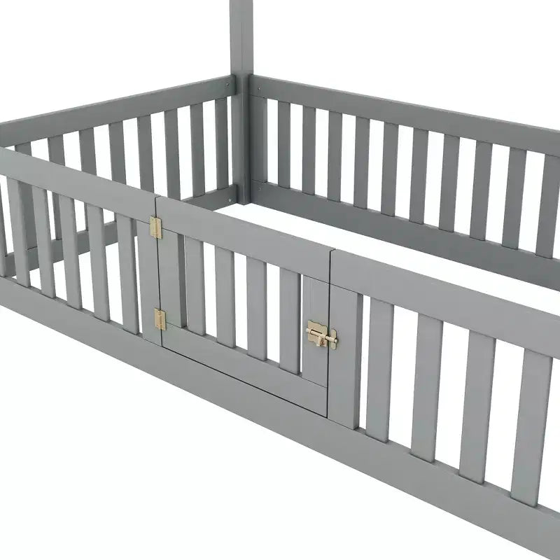 Bodenhausbett für Kinder, Montessori-Holzbett mit Zaun & Tür, komplettes Hausbett mit Dach für Mädchen & Jungen