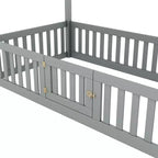 Bodenhausbett für Kinder, Montessori-Holzbett mit Zaun & Tür, komplettes Hausbett mit Dach für Mädchen & Jungen