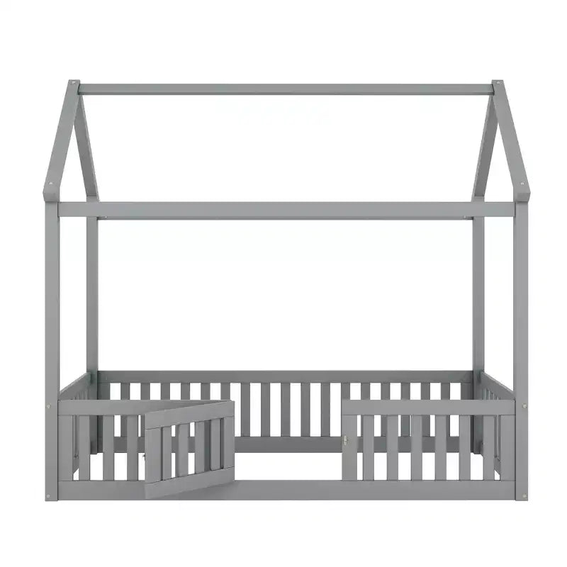 Bodenhausbett für Kinder, Montessori-Holzbett mit Zaun & Tür, komplettes Hausbett mit Dach für Mädchen & Jungen