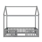 Bodenhausbett für Kinder, Montessori-Holzbett mit Zaun & Tür, komplettes Hausbett mit Dach für Mädchen & Jungen