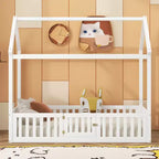 Bodenhausbett für Kinder, Montessori-Holzbett mit Zaun & Tür, komplettes Hausbett mit Dach für Mädchen & Jungen