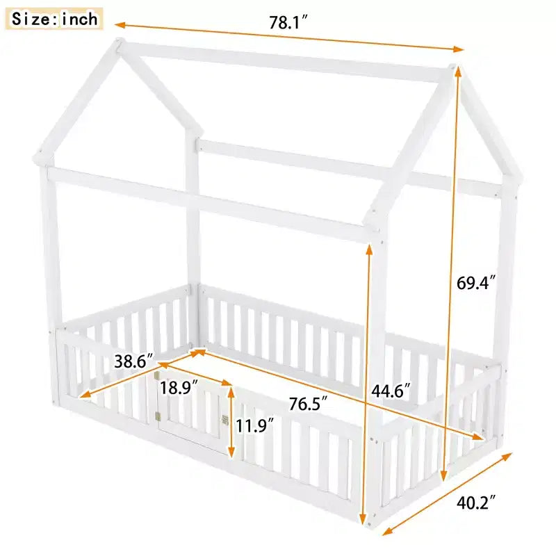 Bodenhausbett für Kinder, Montessori-Holzbett mit Zaun & Tür, komplettes Hausbett mit Dach für Mädchen & Jungen