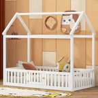 Bodenhausbett für Kinder, Montessori-Holzbett mit Zaun & Tür, komplettes Hausbett mit Dach für Mädchen & Jungen