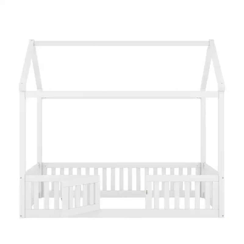 Bodenhausbett für Kinder, Montessori-Holzbett mit Zaun & Tür, komplettes Hausbett mit Dach für Mädchen & Jungen