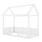 Bodenhausbett für Kinder, Montessori-Holzbett mit Zaun & Tür, komplettes Hausbett mit Dach für Mädchen & Jungen