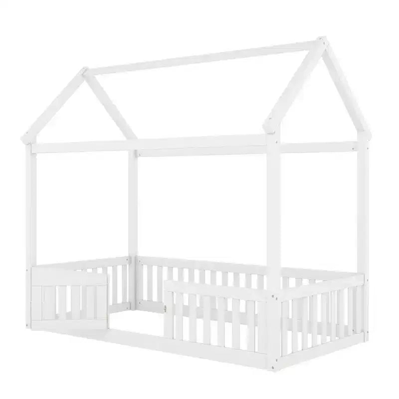 Bodenhausbett für Kinder, Montessori-Holzbett mit Zaun & Tür, komplettes Hausbett mit Dach für Mädchen & Jungen