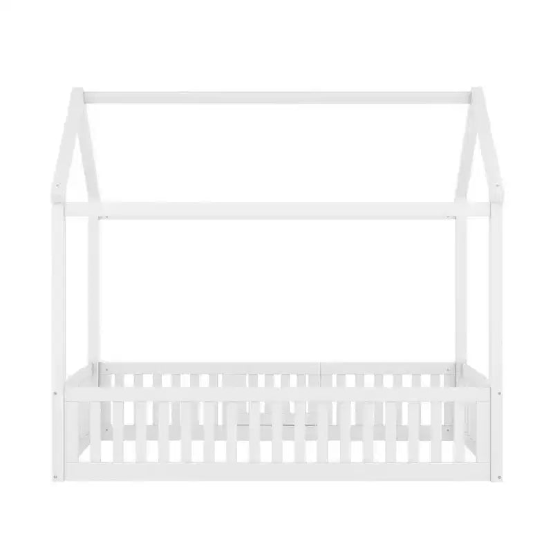 Bodenhausbett für Kinder, Montessori-Holzbett mit Zaun & Tür, komplettes Hausbett mit Dach für Mädchen & Jungen