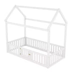 Bodenhausbett für Kinder, Montessori-Holzbett mit Zaun & Tür, komplettes Hausbett mit Dach für Mädchen & Jungen