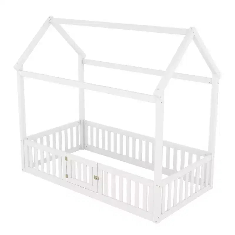 Bodenhausbett für Kinder, Montessori-Holzbett mit Zaun & Tür, komplettes Hausbett mit Dach für Mädchen & Jungen