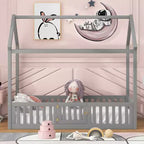 Bodenhausbett für Kinder, Montessori-Holzbett mit Zaun & Tür, komplettes Hausbett mit Dach für Mädchen & Jungen